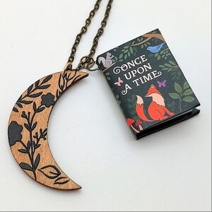 Woodland Fox Moon Necklace with Book Charm
